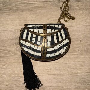 Zara Black and White Geometric Clutch with Chain Strap